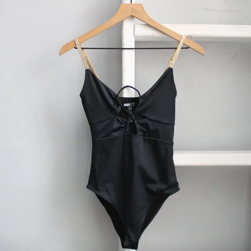 Beach Riot Leslie One-Piece Cut-Out Swimsuit in Black & Gold Size Medium NWT - Picture 3 of 8